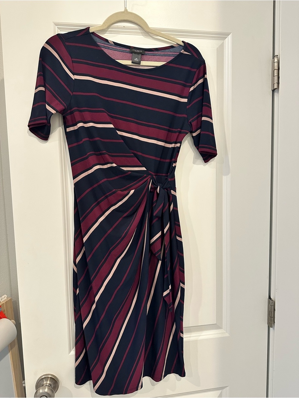 Ann Taylor Navy, Burgundy & Blush Striped Knot-Waist Midi Dress